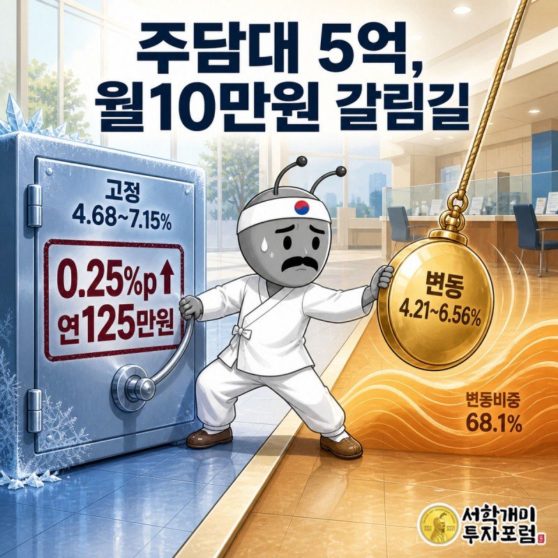 고정금리의 얼어붙은 금고와 변동금리의 일렁이는 진자로 갈라진 배경 앞에서 개미 캐릭터가 갈등하며 0.25%p 인상 시 연125만원 증가 수치를 보여주는 정보 일러스트