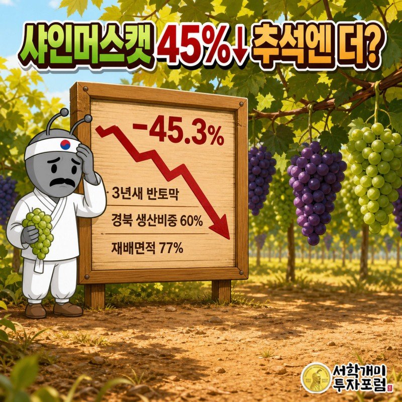 늦여름 포도밭에서 급락 그래프를 보며 낙담하는 개미 캐릭터, 샤인머스캣 3년 하락률 45.3%를 보여주는 커버 이미지