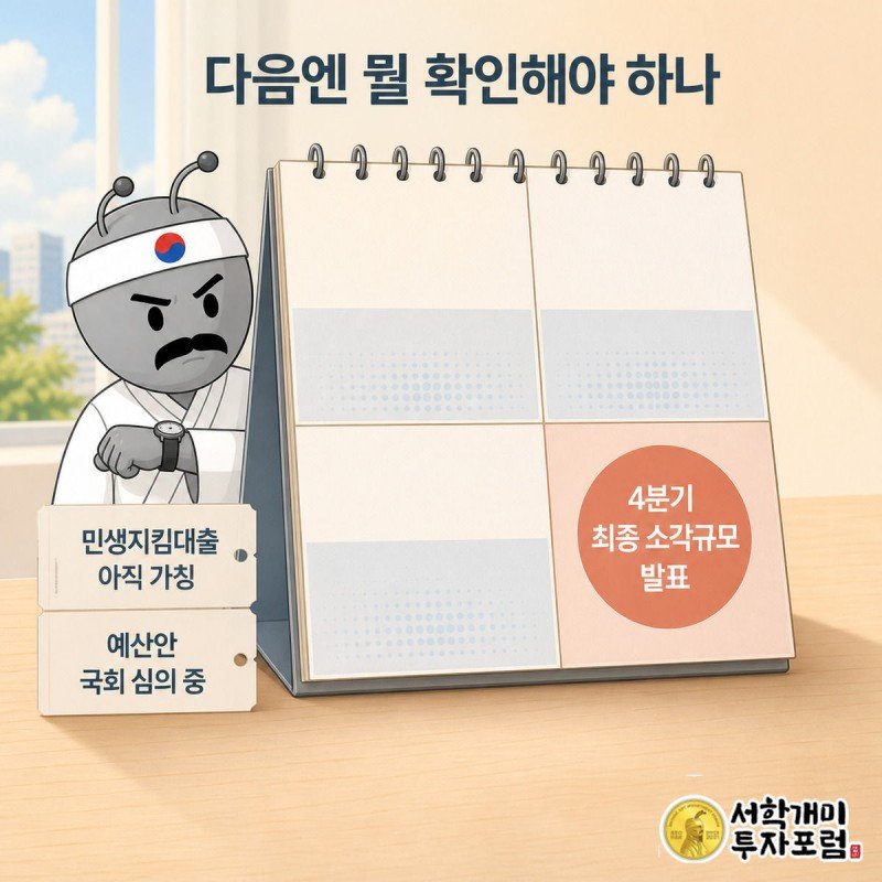 4분기 칸이 강조된 달력 앞에서 손목시계를 보며 기다리는 서민개미