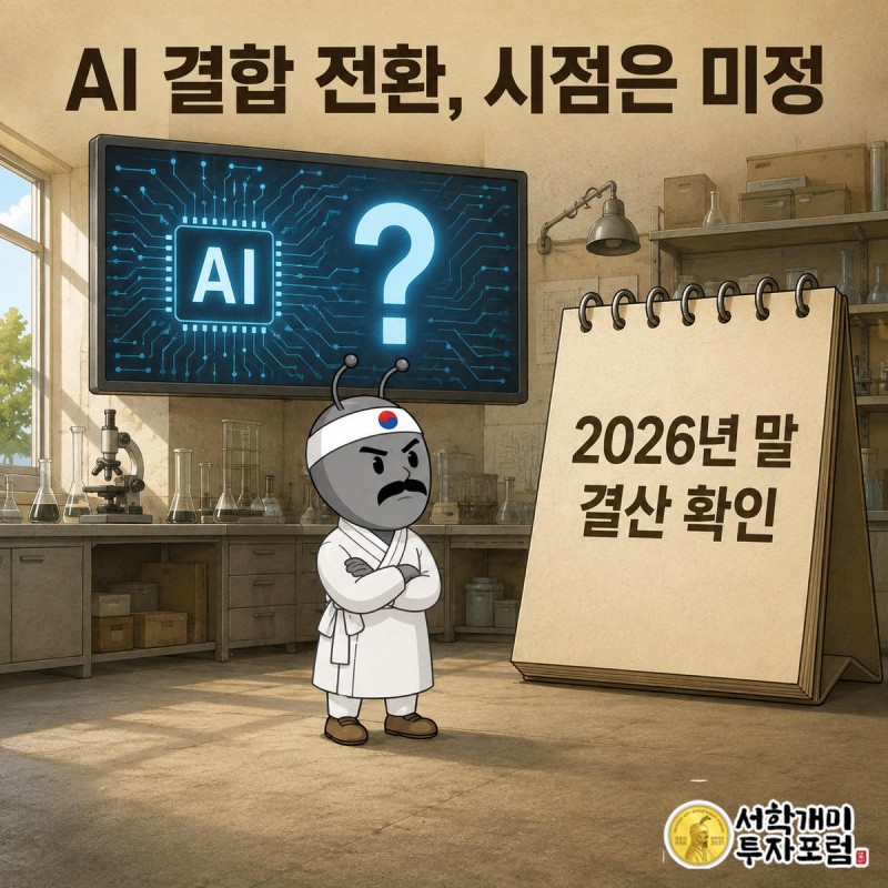 양반개미가 물음표 뜬 AI 화면과 2026년 말 표시된 달력을 번갈아 바라보는 장면