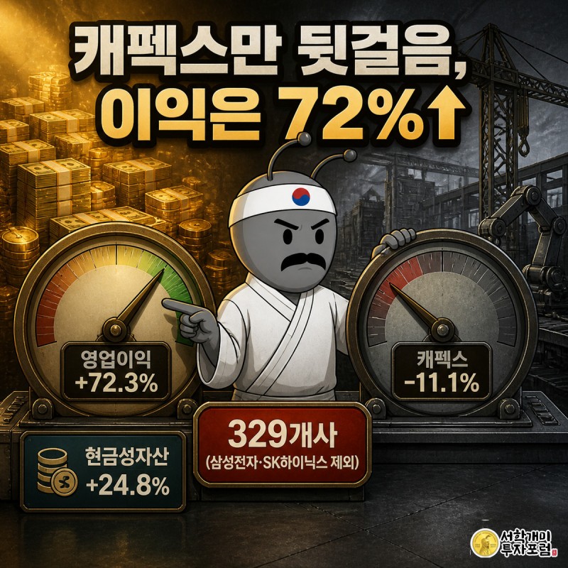 정장을 입은 개미가 이익은 치솟고 캐펙스는 처진 두 계기판 사이에서 흐뭇함과 착잡함이 섞인 표정을 짓는 인포그래픽 커버