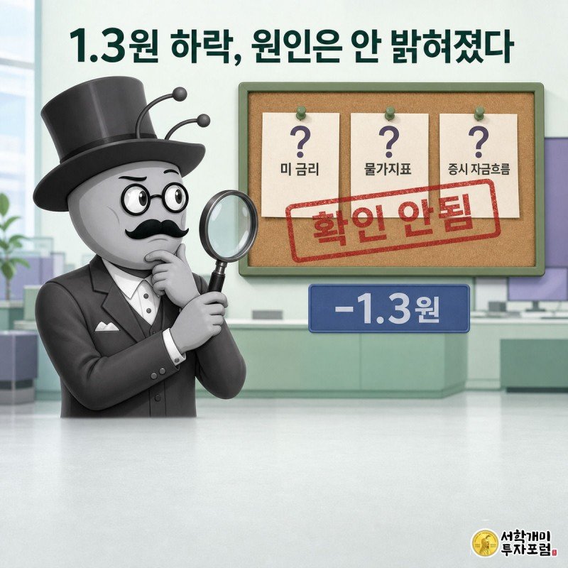 개미가 돋보기로 원달러환율 하락 원인 후보 게시판을 살피지만 모두 확인 안됨 도장이 찍혀 있는 모습