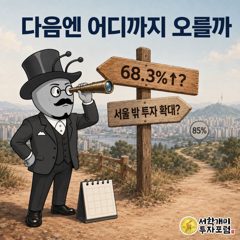 서민개미가 이정표 앞에서 망원경으로 서울 밖을 살피며 다음 국토부 발표를 기다리는 그림