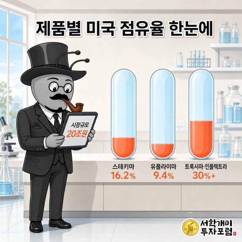 스테키마 16.2%, 유플라이마 9.4%, 트룩시마·인플렉트라 30% 이상을 캡슐 게이지로 비교하고 개미가 20조원 시장 규모를 확인하는 장면
