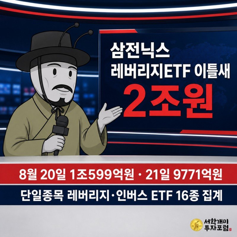 개미 기자가 뉴스룸 앵커석에서 삼전닉스 레버리지ETF 이틀간 거래대금 2조원 육박 헤드라인을 가리키는 방송 뉴스 그래픽.