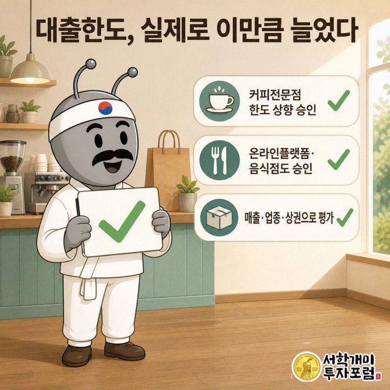 카페 카운터에서 서민개미가 대출 승인 서류를 들고 기뻐하고, 뒤편 벽에는 온라인플랫폼·음식점·도소매업 승인 아이콘이 걸려 있다