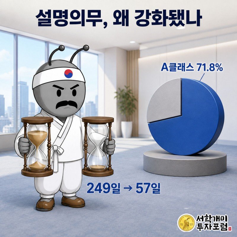 서민개미가 249일과 57일 모래시계를 비교하며 A클래스 71.8% 파이차트를 살펴보는 모습