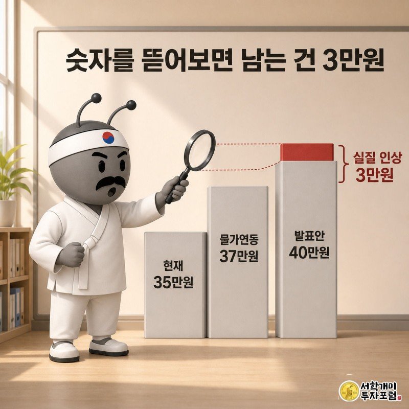 35만원에서 37만원, 40만원으로 이어지는 계단식 막대그래프에서 개미가 돋보기로 실질 인상분 3만원 구간만 짚어 보여주는 장면
