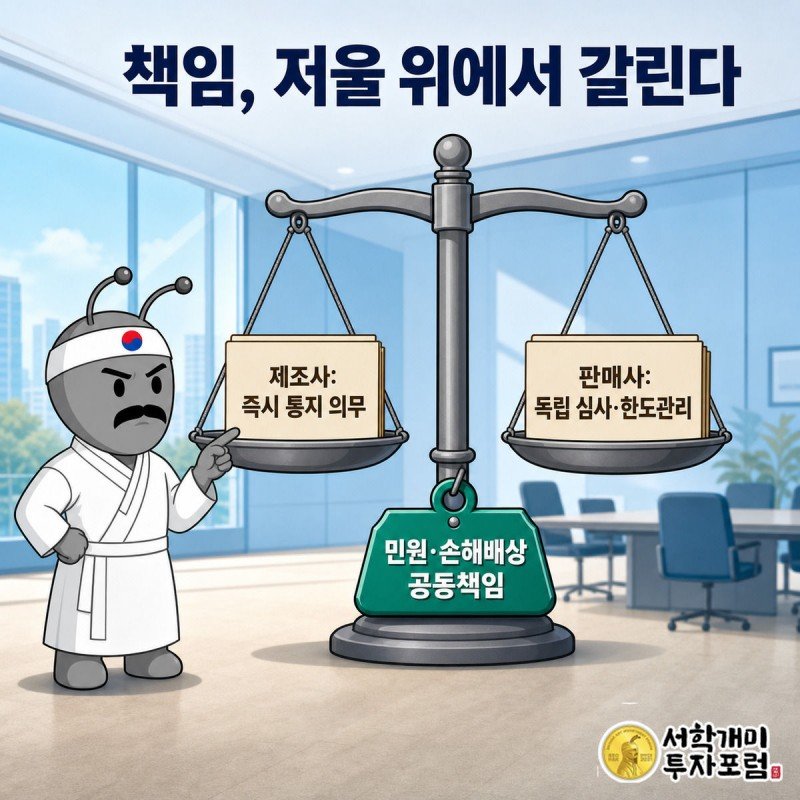 제조사와 판매사 서류더미가 저울 양쪽에서 균형을 이루고 부자개미가 이를 확인하는 그림