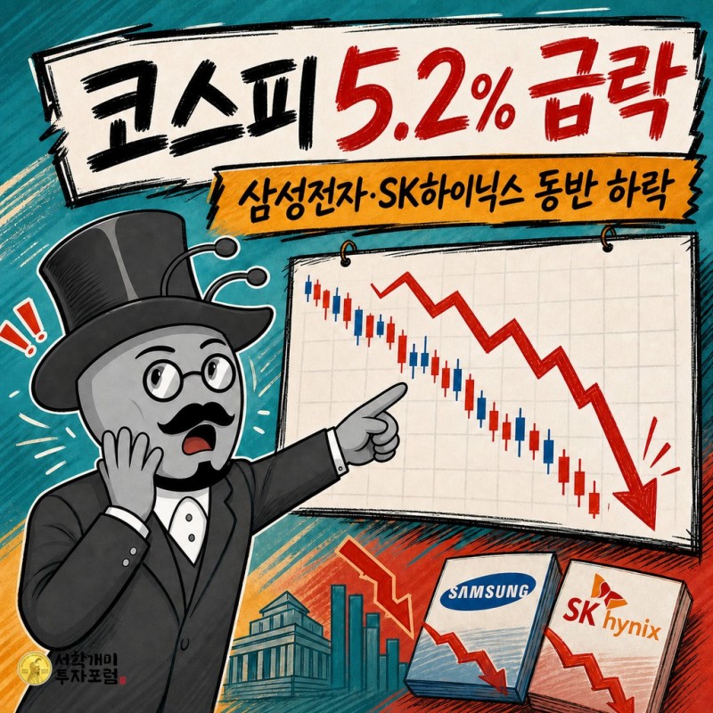 코스피 5.2% 급락과 삼성전자·SK하이닉스 동반 하락을 설명하는 서학개미 기자