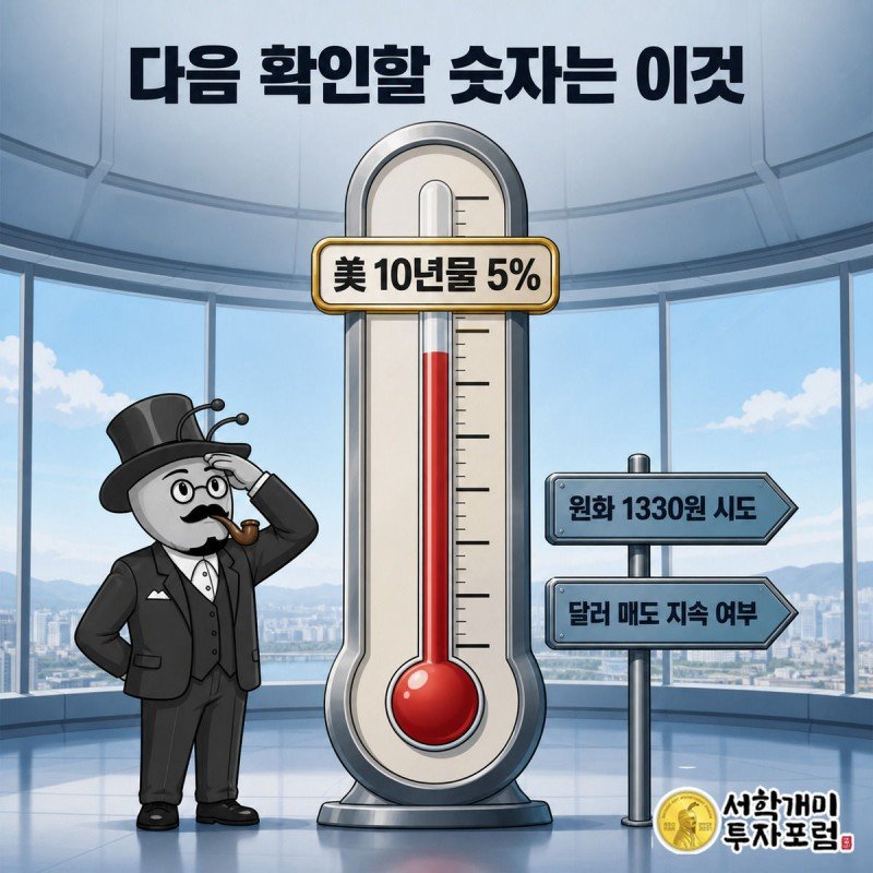 온도계 모양 게이지에서 미국 10년물 금리가 5%에 다가가는 것을 긴장하며 지켜보는 개미
