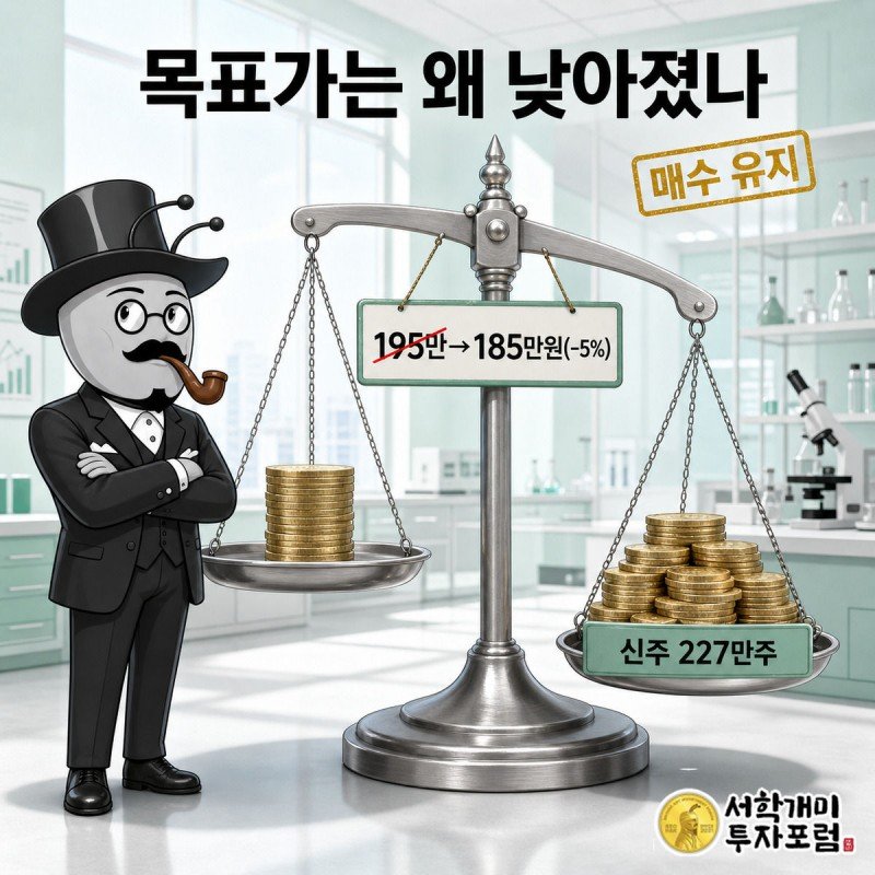신주 227만주가 저울에 얹히며 목표주가 표지판이 195만원에서 185만원으로 기우는 그림