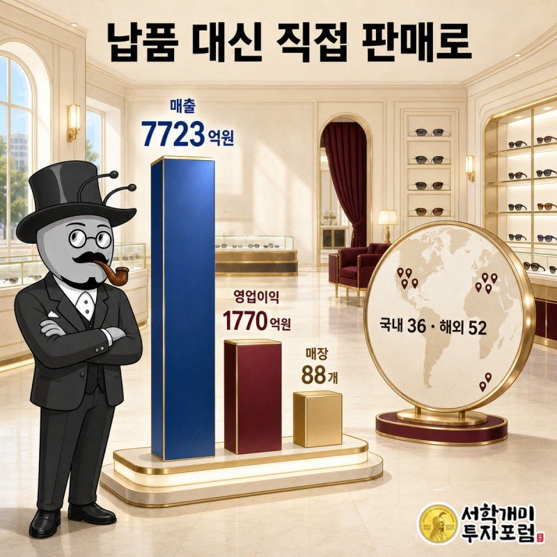 안경 매장 진열대 앞에서 매출 막대그래프와 전 세계 매장 지도를 보여주는 인포그래픽