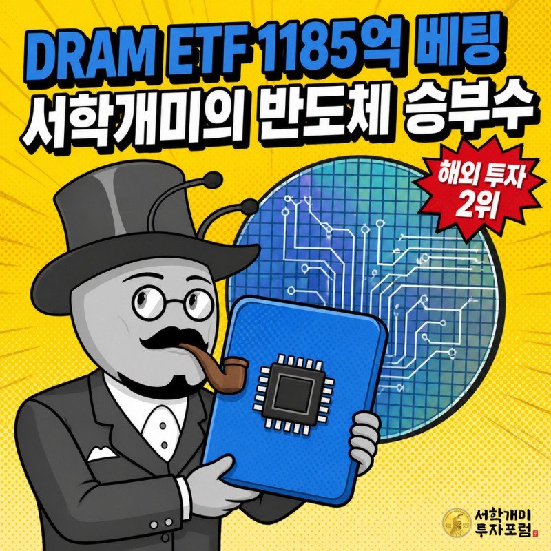개미 캐릭터가 DRAM ETF 카드를 결연하게 안고 있는 팝아트 코믹 커버 이미지