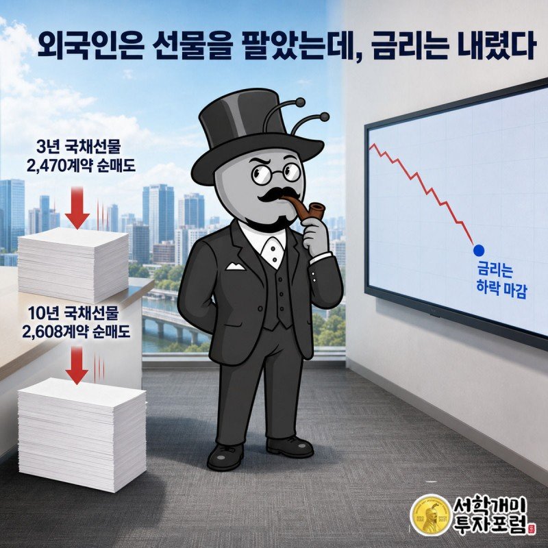 외국인이 국채선물 매도 서류를 내려놓는 옆에서 금리 하락 그래프를 부자개미가 의심스러운 표정으로 바라보는 모습