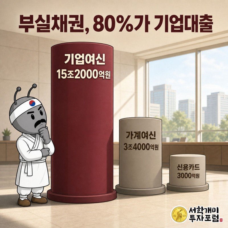 기업여신·가계여신·신용카드 부실채권 기둥을 나란히 비교했을 때 기업여신 기둥이 압도적으로 높이 솟아 있는 것을 개미가 의심스러운 표정으로 바라보는 장면.