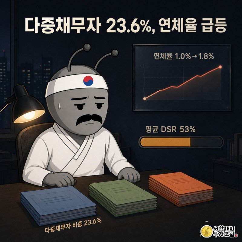 색이 다른 대출 서류 세 뭉치에 둘러싸여 DSR 계기판을 지친 표정으로 내려다보는 개미와 뒤쪽에 오르는 연체율 그래프가 있는 이미지