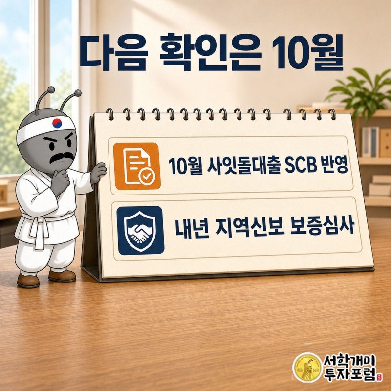 서민개미가 탁상달력의 10월 칸에 사잇돌대출 아이콘을 붙이고, 내년 칸에는 지역신용보증재단 마크가 흐릿하게 그려진 모습
