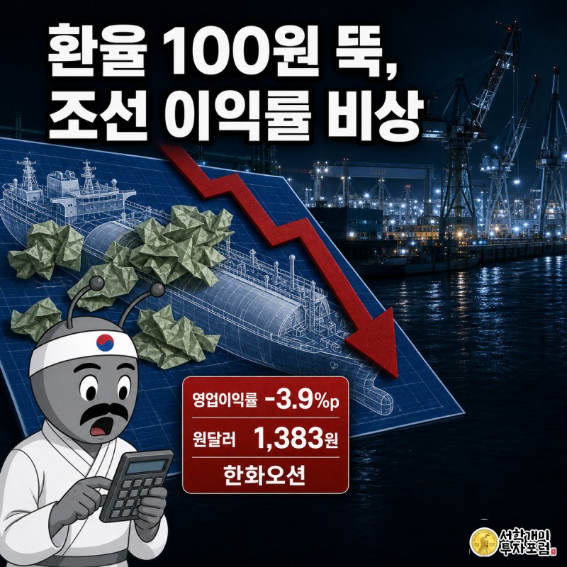시들어가는 원화 지폐와 붉은 하락 화살표가 꽂힌 대형 선박 설계도 앞에서 개미가 낭패한 표정으로 계산기를 들고 있는 그림