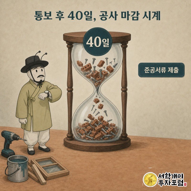 공사 도구가 모래처럼 떨어지는 모래시계와 40일 기한 배지를 초조하게 바라보는 개미 그림