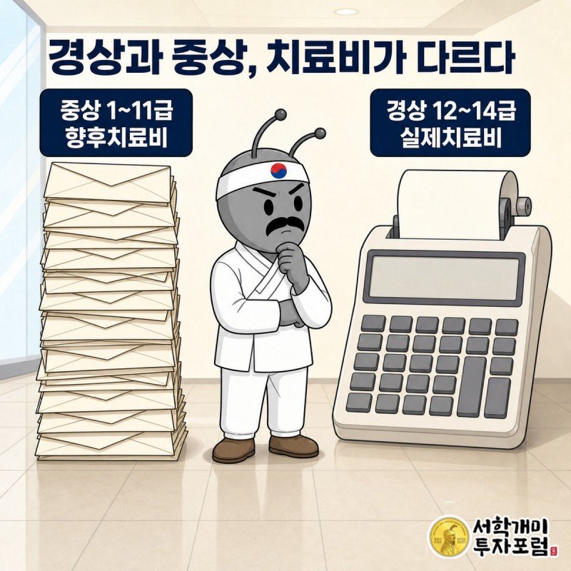 개미가 왼쪽 향후치료비 봉투 더미와 오른쪽 실제치료비 영수증 더미를 번갈아 비교하는 그림