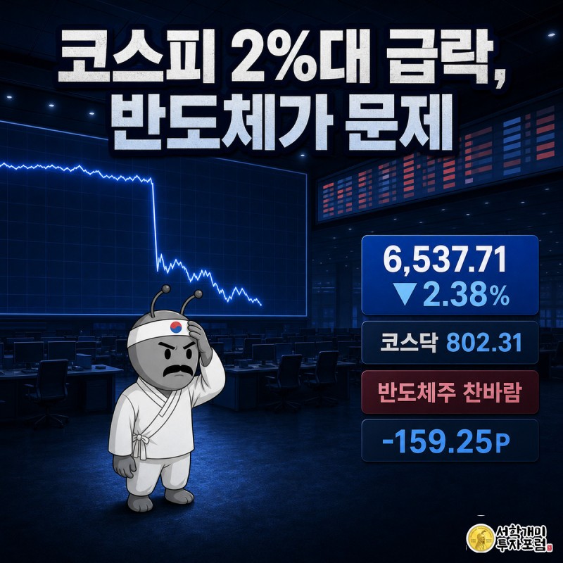 하나은행 딜링룸 전광판 앞에서 개미가 코스피 급락 그래프를 올려다보며 놀라는 모습