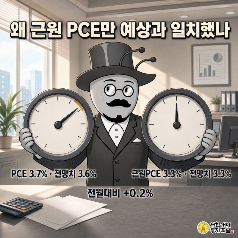 개미 회계사가 전체 PCE와 근원 PCE 게이지를 양손에 들고 있는데 한쪽 바늘만 전망치를 넘어선 그림