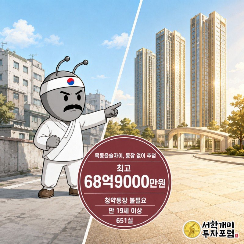 청약통장을 든 개미와 신분증만 든 개미가 대비되어 목동윤슬자이 68억9000만원 분양가를 소개하는 표지 이미지