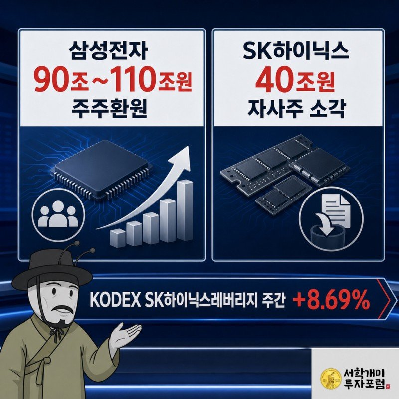 삼성전자 90조~110조원 주주환원과 SK하이닉스 40조원 자사주 소각 발표, KODEX SK하이닉스단일종목레버리지 ETF 주간 수익률 8.69%를 비교 패널로 보여주는 뉴스룸 화면.
