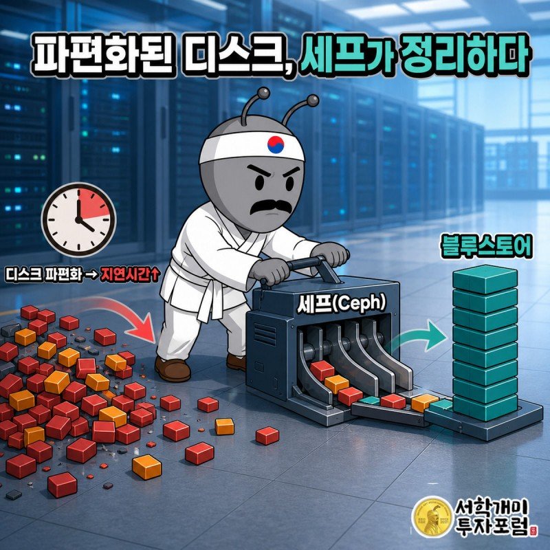 흩어진 디스크 조각을 개미가 세프와 블루스토어로 정돈하는 그림