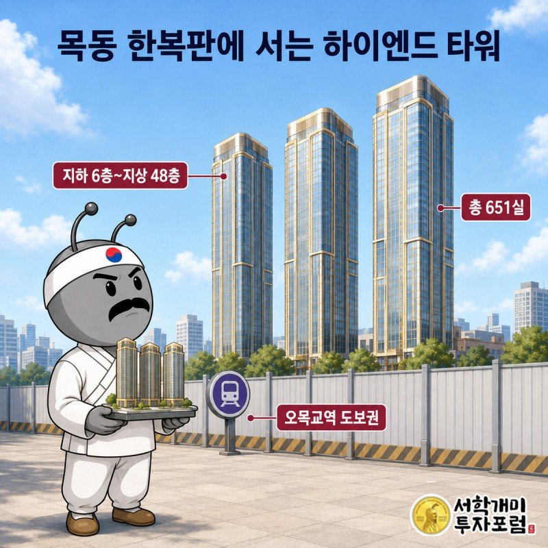 옛 KT부지에 들어서는 지하 6층~지상 48층 목동윤슬자이 타워를 개미가 모형으로 들여다보는 이미지
