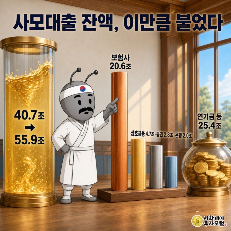금빛 액체가 40.7조에서 55.9조 눈금까지 차오르는 저수지 게이지 옆에서, 보험사 막대가 가장 크게 표시된 보유주체별 막대그래프를 개미가 가리키는 모습.