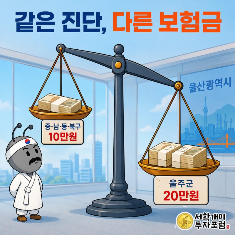 저울 왼쪽 10만원과 오른쪽 20만원 지폐 뭉치가 기울어져 있고 개미 캐릭터가 놀라 바라보는 모습