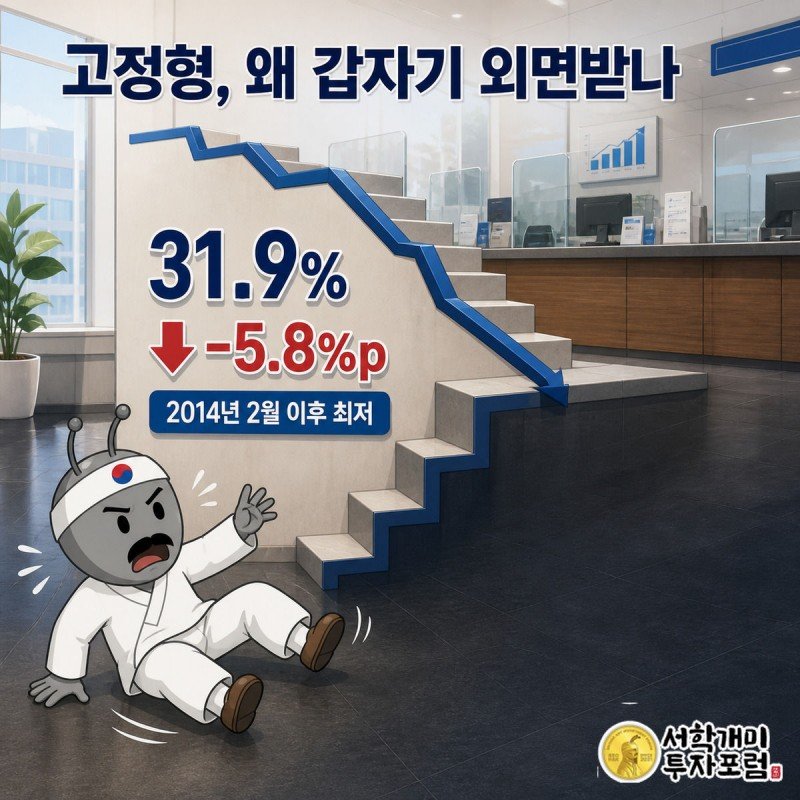 서민개미가 90%대에서 31.9%까지 급격히 낮아지는 고정형 선호 비탈길에서 미끄러지는 모습