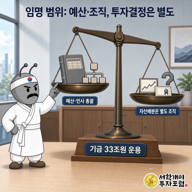 저울 위에 예산·조직 아이콘과 주식·채권 심볼을 올려 이번 인사의 영향 범위를 비교하는 장면