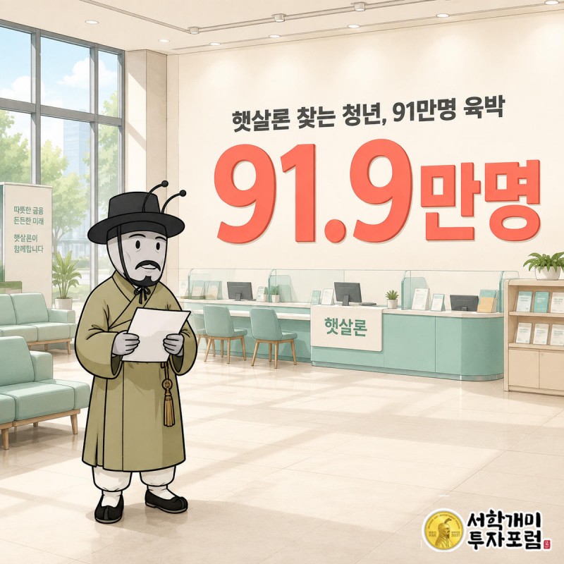밝은 정책서민금융 창구에서 서민개미가 대출 신청서를 들고 기대와 긴장이 섞인 표정으로 서 있고, 옆에 91.9만명 수치 배지가 떠 있다.