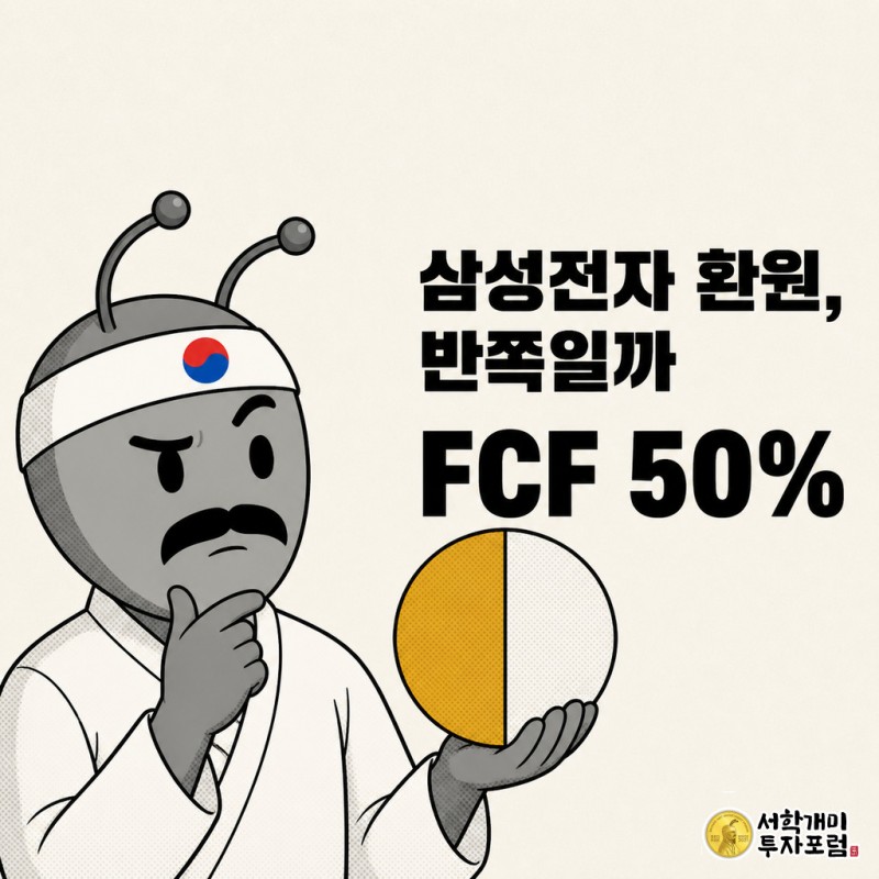 반으로 쪼개진 파이 조각을 들고 의심스러운 표정을 짓는 개미가 삼성전자 주주환원 비율에 물음표를 던지는 코믹 삽화