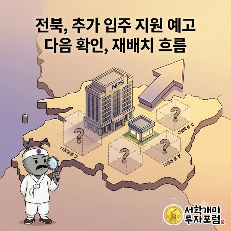 전북 지도 위에서 전주로 향하는 화살표와 다른 운용사 아이콘들을 개미가 지켜보는 장면