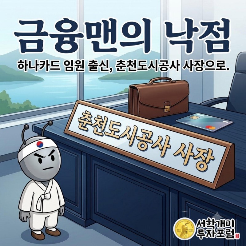 춘천도시공사 사장 명패를 들고 놀란 표정을 짓는 개미와 옆에 놓인 은행원 서류가방