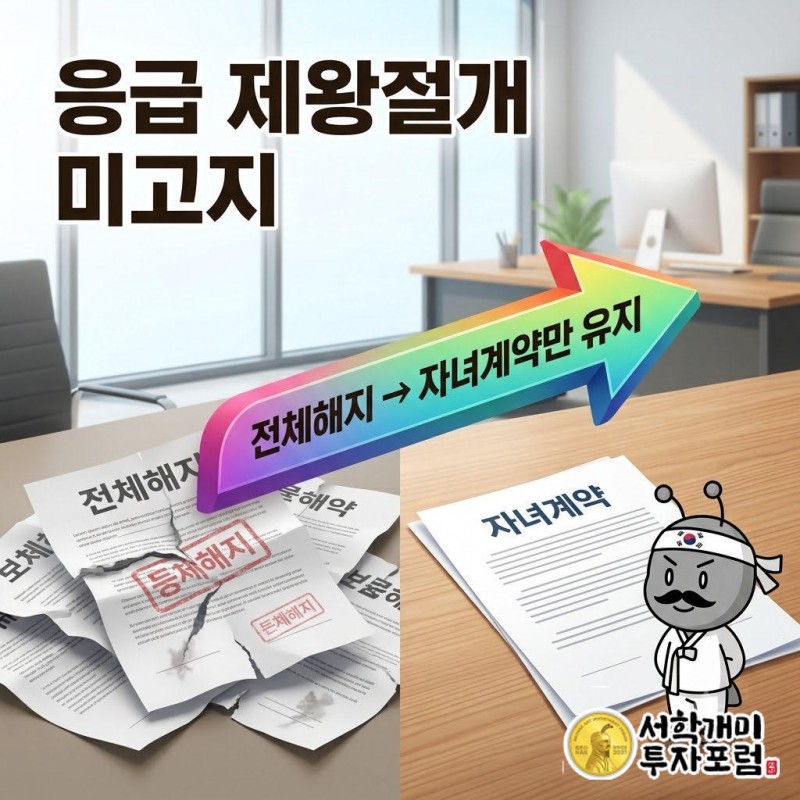 개미 캐릭터가 찢어진 보험증권과 온전한 보험증권을 양손에 들고 비교하고 있다