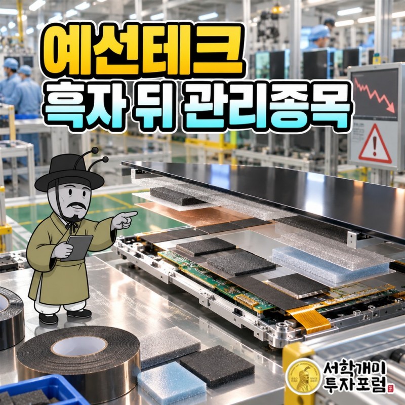 TV 디스플레이 모듈 안쪽에 붙는 폼패드와 본딩테이프, 그 옆에 놓인 배터리용 내화시트로 예선테크의 사업을 한 장에 보여 주는 표지