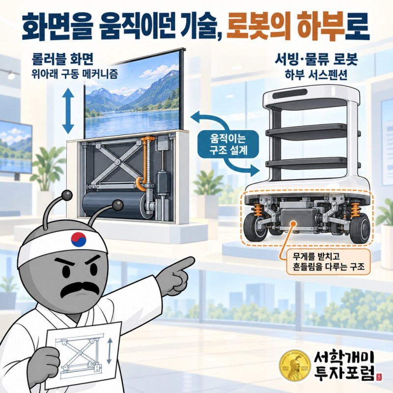 TV 거치장치의 방향 조절, 배터리 모듈 앞뒤의 엔드플레이트, 서비스로봇 하부 프레임을 각각 배치해 HT로보틱스 부품이 쓰이는 위치와 역할을 설명