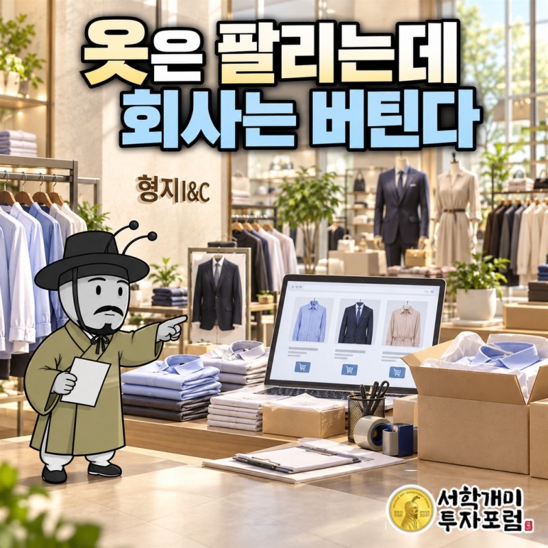 형지I&C의 셔츠 브랜드 예작, 남성복 본, 여성복 캐리스노트 옷이 걸린 매장과 그 뒤로 90% 감자·유상증자·관리종목 지정이라는 회사의 자본 사정을 겹쳐 보여 주는 표지