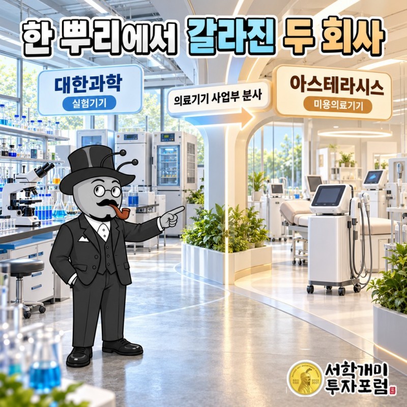 1980년 대한과학 설립부터 2015년 7월 의료기기 사업부 분사, 2018년 아스테라시스 사명 변경과 대한과학 공동대표 체제까지 두 회사가 갈라진 연표
