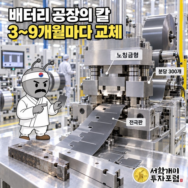 노칭금형이 배터리 공장에 처음 납품된 뒤 3~9개월마다 교체 주문으로 되돌아오는 순환 구조와 1분당 300셀을 찍는 노칭프레스유닛