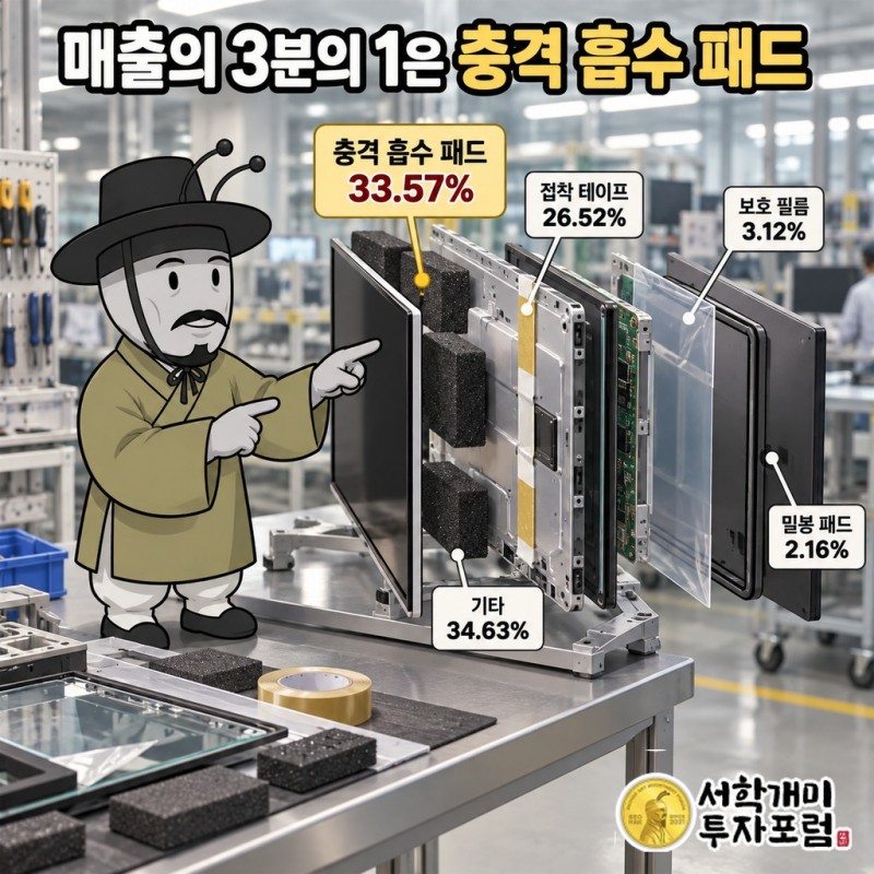 예선테크 제품별 매출 비중(2026년 6월 기준): 충격흡수용 Foam Pad 33.57%, 접착용 Bonding Tape 26.52%, 보호용 Protect Film 3.12%, 밀봉용 Gasket Pad 2.16%, 기타 34.63%와 각 제품이 맡는 역할