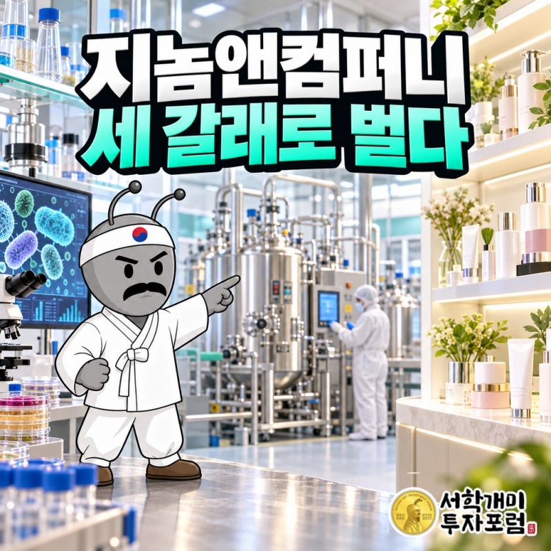 지놈앤컴퍼니 표지: 신약 연구실, 미국 산호세 위탁생산 공장, 화장품 유이크 매대가 한 회사 안에 나란히 놓인 장면