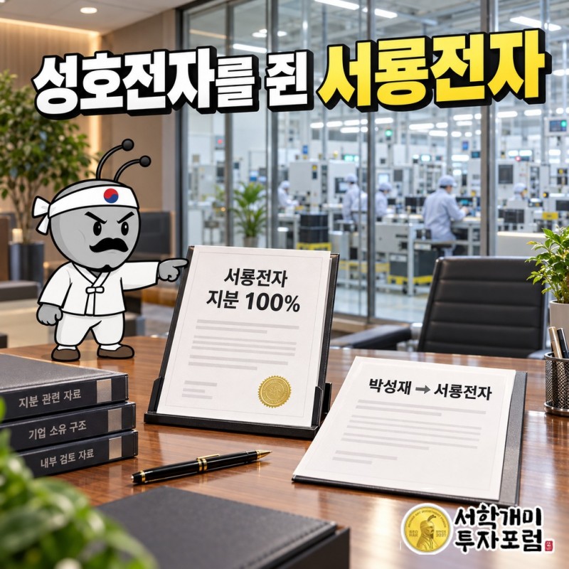 박성재 개인회사 서룡전자가 제3자배정 유상증자와 13회차 전환사채 콜옵션으로 성호전자 지배지분을 22.91%에서 32.73%로 늘린 경로를 그린 도식