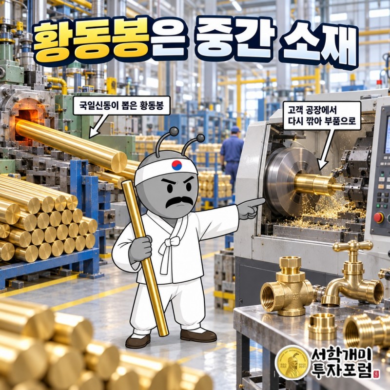 전기동과 동·황동 스크랩을 용해로에서 녹여 압연·압출로 황동봉을 뽑고, 고객 공장이 이를 깎아 밸브·수전금구 부품으로 만드는 흐름도
