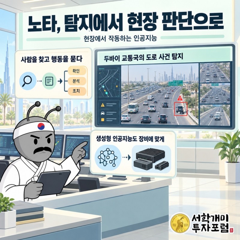 도로 CCTV 영상이 현장 장비의 NVA 분석을 거쳐 돌발 상황 감지와 담당자의 대응으로 연결되는 두바이 교통관제 적용 장면